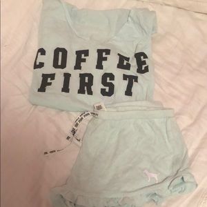 Pink Victoria’s Secret pj set “coffee first”